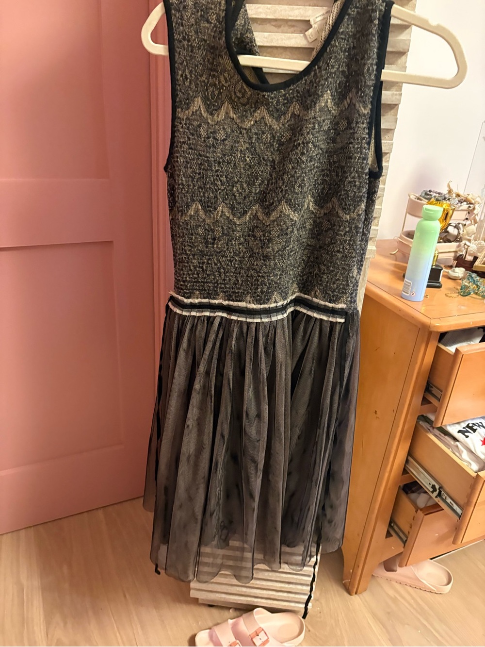 Girls Sleeveless Black & Gray Knit Tulle Dress